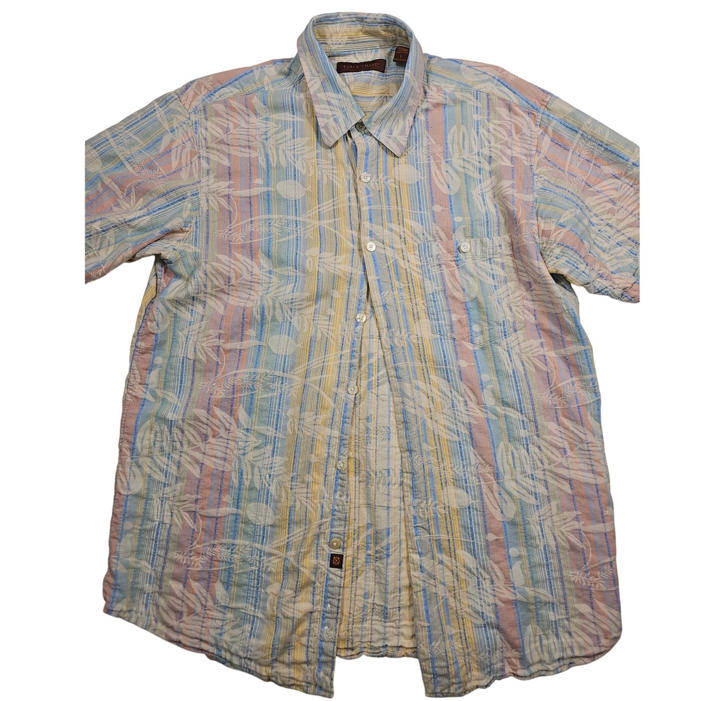 Tori Richard Mens Large Short Sleeve Button Down Striped Tropical Leaf Shirt